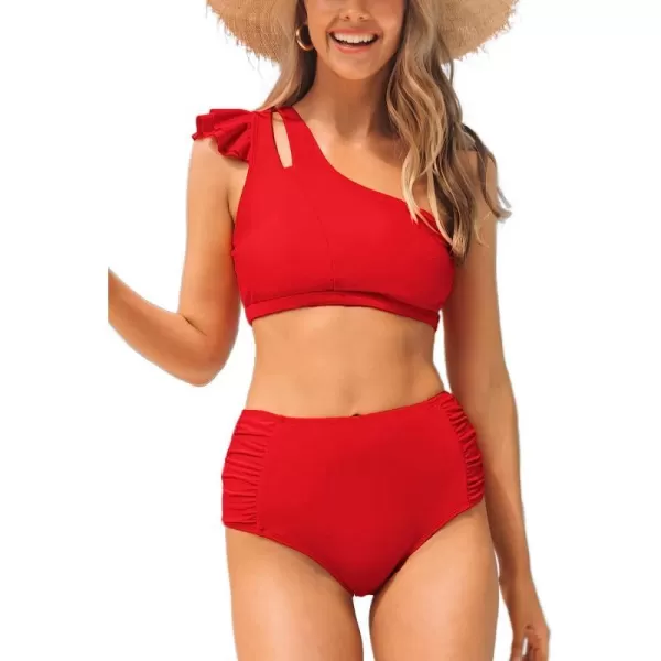 imageCUPSHE Bikini Set for Women Two Piece Swimsuit Ruffle Cutout One Shoulder Top High Waisted Shirred SwimwearRed