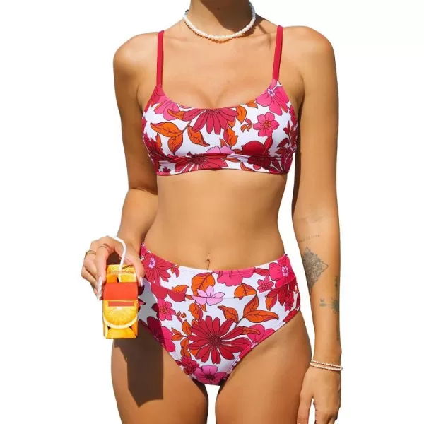 imageCUPSHE Bikini Set for Women Two Piece Swimsuits Banded High Waisted Adjustable Straps Back Hook FloralRed Floral