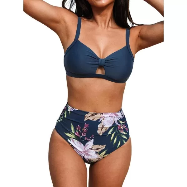 imageCUPSHE Bikini Set for Women Two Piece Swimsuits High Waisted Cut Out Crisscross Back Tie Shirring BottomDark Blue