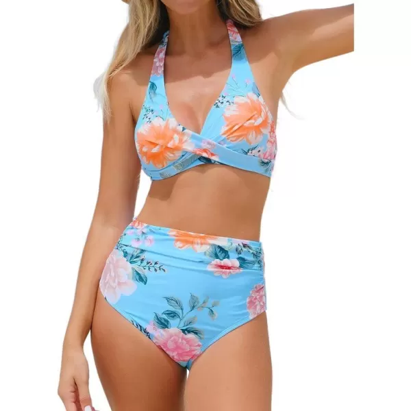 imageCUPSHE Bikini Set for Women Two Piece Swimsuits High Waisted Halter Twist Backless Self TieBlue Floral
