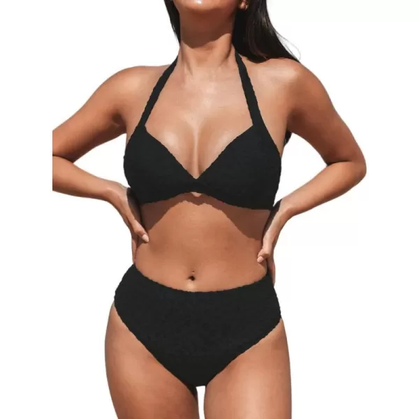 imageCUPSHE Bikini Set for Women Two Piece Swimsuits High Waisted Halter V Neck Wide Straps Leopard TextureBlack