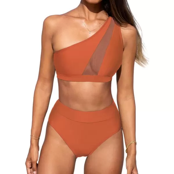 imageCUPSHE Bikini Set for Women Two Piece Swimsuits High Waisted One Shoulder Top Wide Straps MeshCinnamon Brown
