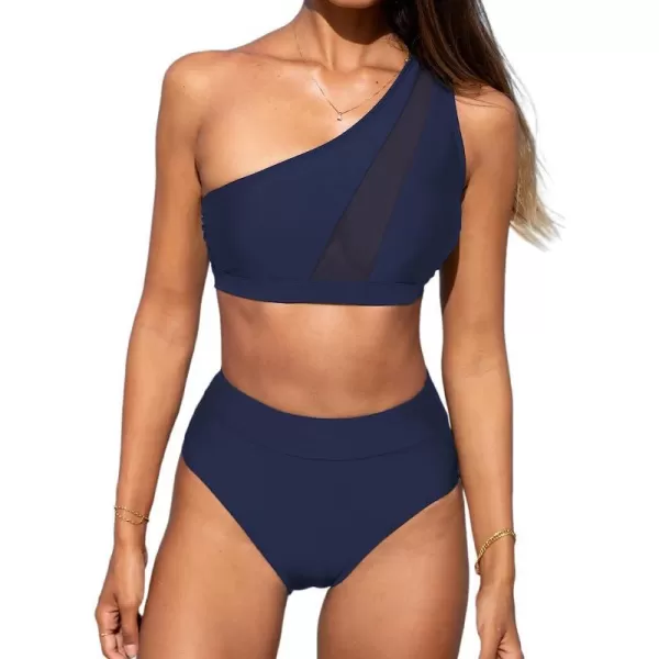 imageCUPSHE Bikini Set for Women Two Piece Swimsuits High Waisted One Shoulder Top Wide Straps MeshNavy Blue