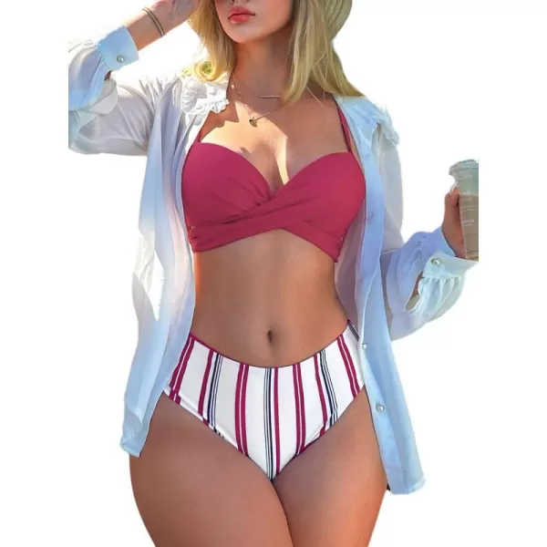 imageCUPSHE Bikini Set for Women Two Piece Swimsuits Mid Rise Twist Reversible Bottom Adjustable StrapsPunch Pink