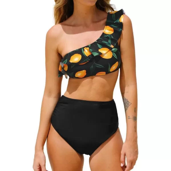 imageCUPSHE Bikini Sets for Women Bathing Suit High Waisted Tummy Control One Shoulder RuffleBlack and Lemon Print