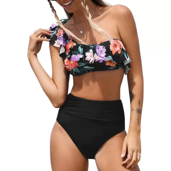 imageCUPSHE Bikini Sets for Women Bathing Suit High Waisted Tummy Control One Shoulder RuffleBlackfloral Print
