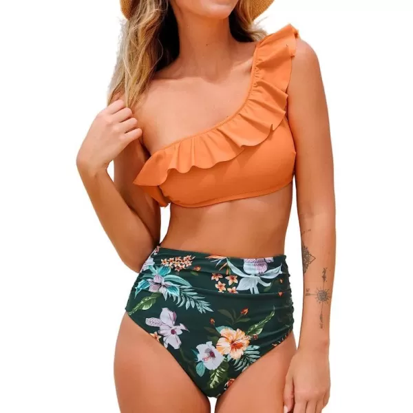 imageCUPSHE Bikini Sets for Women Bathing Suit High Waisted Tummy Control One Shoulder RuffleOrange and Floral