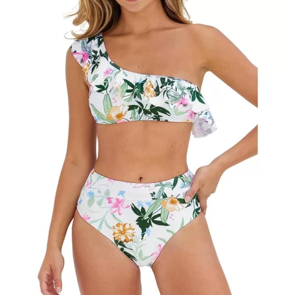 imageCUPSHE Bikini Sets for Women Bathing Suit High Waisted Tummy Control One Shoulder RuffleWhite Floral