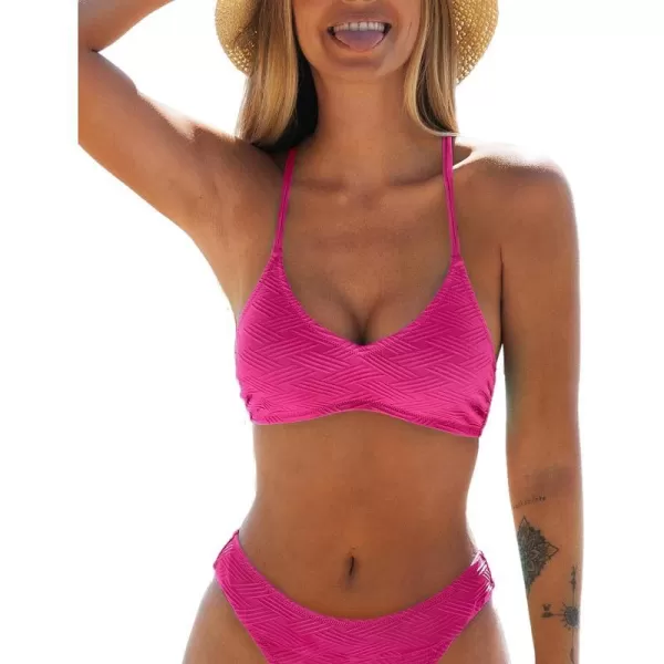imageCUPSHE Bikini Top for Women Bathing Suit Criss Cross Self Tie Spaghetti Straps V NeckNeon Pink