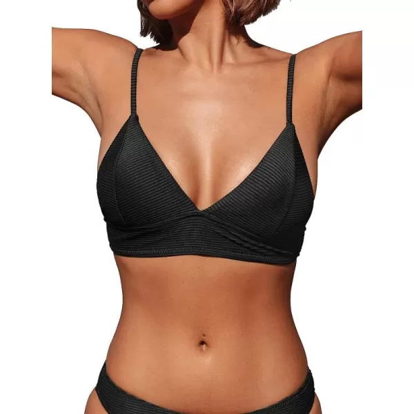imageCUPSHE Bikini Top for Women Swimsuit V Neck Ribbed Adjustable Spaghetti Straps Bathing SuitBlack