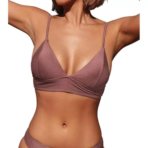 imageCUPSHE Bikini Top for Women Swimsuit V Neck Ribbed Adjustable Spaghetti Straps Bathing SuitBrick Red