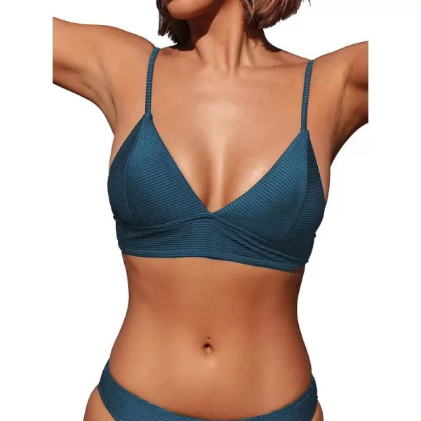 imageCUPSHE Bikini Top for Women Swimsuit V Neck Ribbed Adjustable Spaghetti Straps Bathing SuitNavy