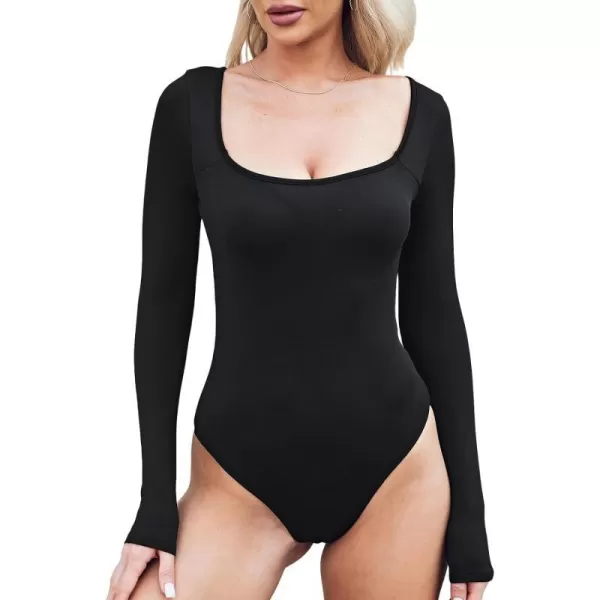 imageCUPSHE Bodysuit for Women Tummy Control Shapewear Long Sleeve Square Neck Slimmer Body Shaper Tank TopBlack