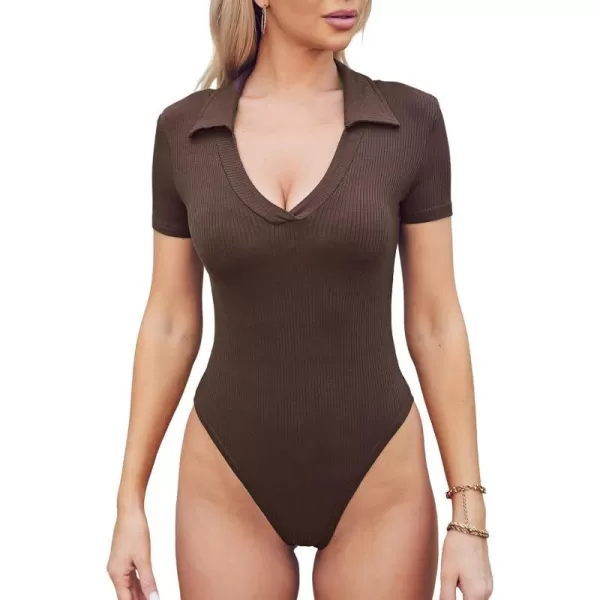 imageCUPSHE Bodysuit for Women Tummy Control Shapewear Short Sleeves V Neck Slimmer Body Shaper TopBrown