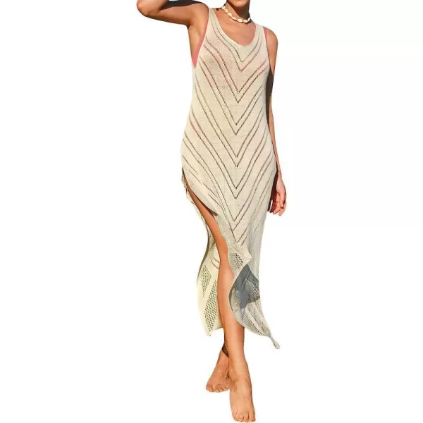 imageCUPSHE Cover Up for Women Beachwear Round Neck Crochet Sleeveless Maxi Length Pull Over Loose WaistBeige