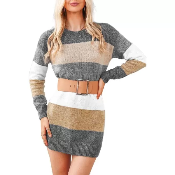 imageCUPSHE Crew Neck Striped Mini Sweater Dress for Women Long Sleeve Color Block Casual Knitted Pullover SweaterMulticolored