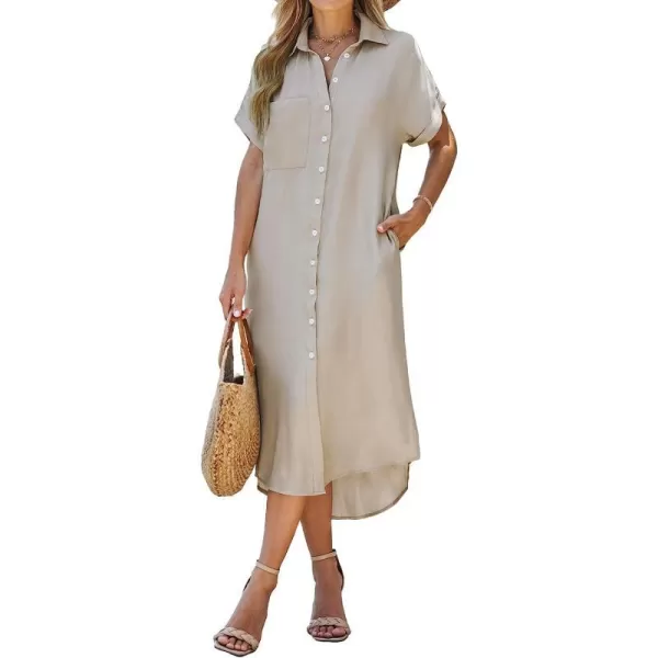 imageCUPSHE Dress for Women Bell Short Sleeve Button Down Dress V Neck Casual Shirt DressesBeige