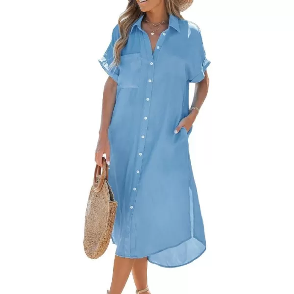 imageCUPSHE Dress for Women Bell Short Sleeve Button Down Dress V Neck Casual Shirt DressesBlue