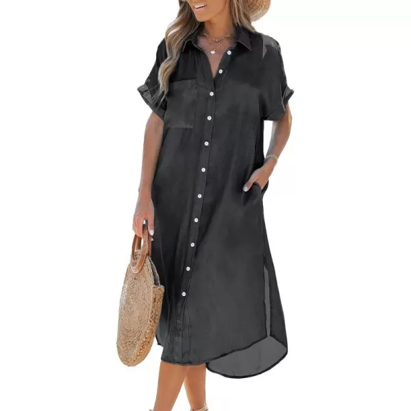 imageCUPSHE Dress for Women Bell Short Sleeve Button Down Dress V Neck Casual Shirt DressesDark Grey