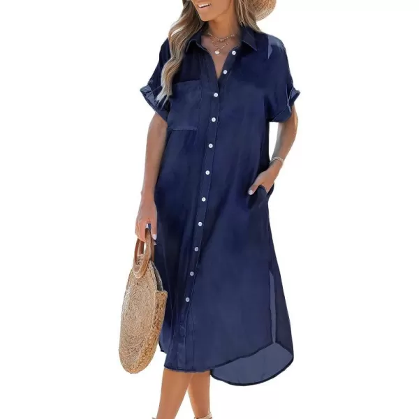 imageCUPSHE Dress for Women Bell Short Sleeve Button Down Dress V Neck Casual Shirt DressesIndigo Blue