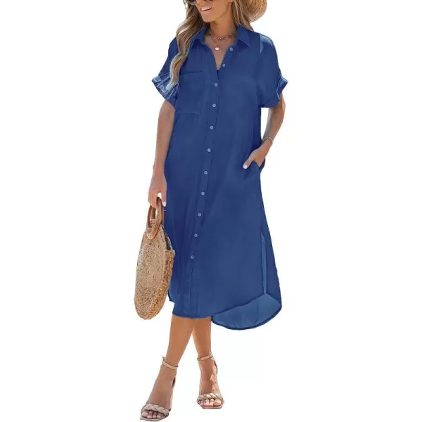 imageCUPSHE Dress for Women Bell Short Sleeve Button Down Dress V Neck Casual Shirt DressesSapphire
