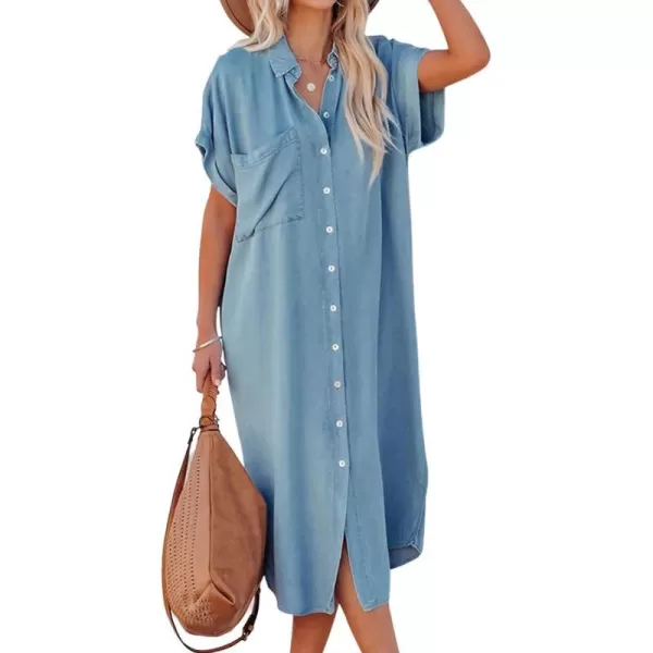 imageCUPSHE Dress for Women Bell Sleeve Button Down Dress Short Sleeve V Neck Casual Shirt Cover up DressBlue