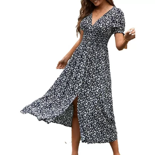 imageCUPSHE Dress for Women Maxi Dress Short Sleeve Plunge A Line Pull Over V Neck SmockingBlack