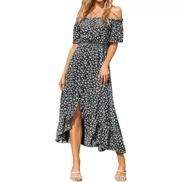imageCUPSHE Dress for Women Maxi Dresses Off Shoulder Ditsy Floral Print Short Sleeve Frill A Line DressBlack