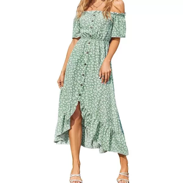 imageCUPSHE Dress for Women Maxi Dresses Off Shoulder Ditsy Floral Print Short Sleeve Frill A Line DressGreen
