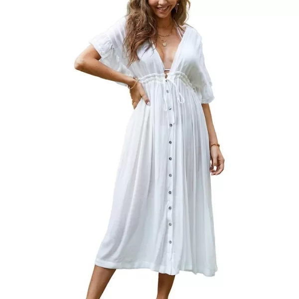 imageCUPSHE Dress for Women Midi Button Down Cover Up Short Ruffle Sleeves Elastic Waist Pocket Frill V NeckWhite