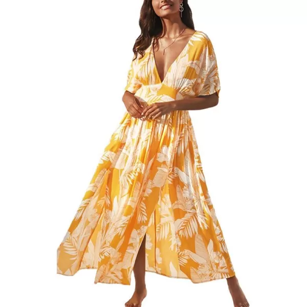 imageCUPSHE Dress for Women Summer Midi Dress V Neck Button Elastic Waist Cut Out Back 34 Sleeves Floral PrintedYellow
