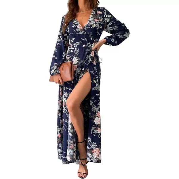 imageCUPSHE Floral Print Maxi Dresses for Women Aline Long Sleeves Fall High Slit Wrap DressMulticoloured