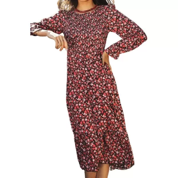 imageCUPSHE Floral Smocked Maxi Dress Long Sleeves Smocking Dresses Casual SummerRed