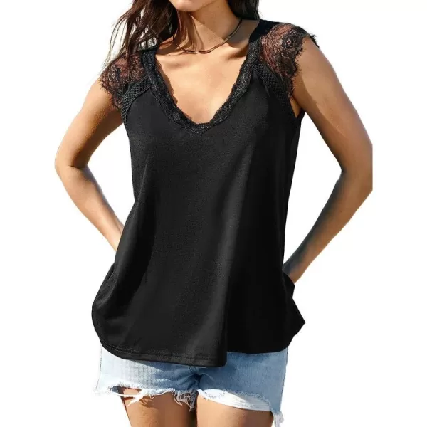 imageCUPSHE Lace Cap Sleeve Top VNeck Tee Shirts Sleeveless Tank Tops CasualBlack