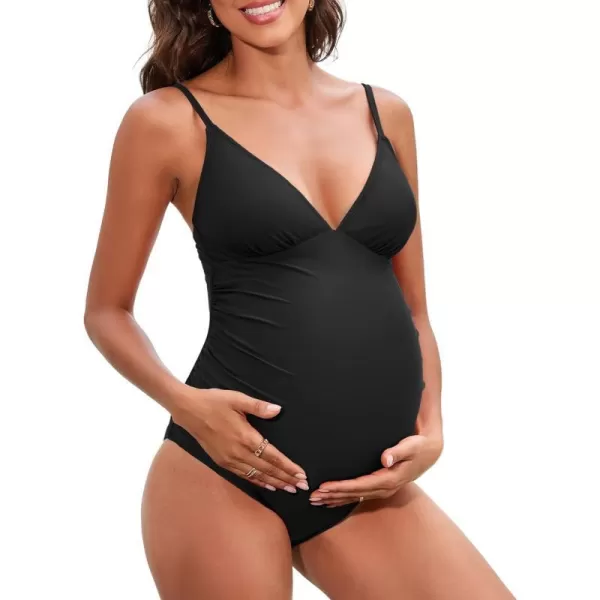 imageCUPSHE Maternity Swimsuit for Women One Piece Swimsuits Pregnancy Swimwear Spaghetti Straps Ruched AdjustableBlack