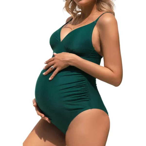 imageCUPSHE Maternity Swimsuit for Women One Piece Swimsuits Pregnancy Swimwear Spaghetti Straps Ruched AdjustableDark Green