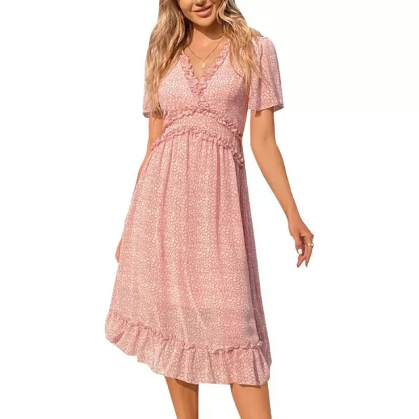 imageCUPSHE Midi Casual Dress for Women V Neck Flare Short Sleeve Lace Frill Design Fitted Waisted Pink Leopard PrintPink