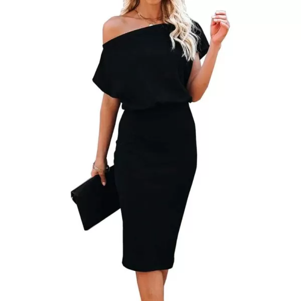 imageCUPSHE Midi Dress Short Sleeve Off Shoulder Underneath Party Dress for WomenBlack