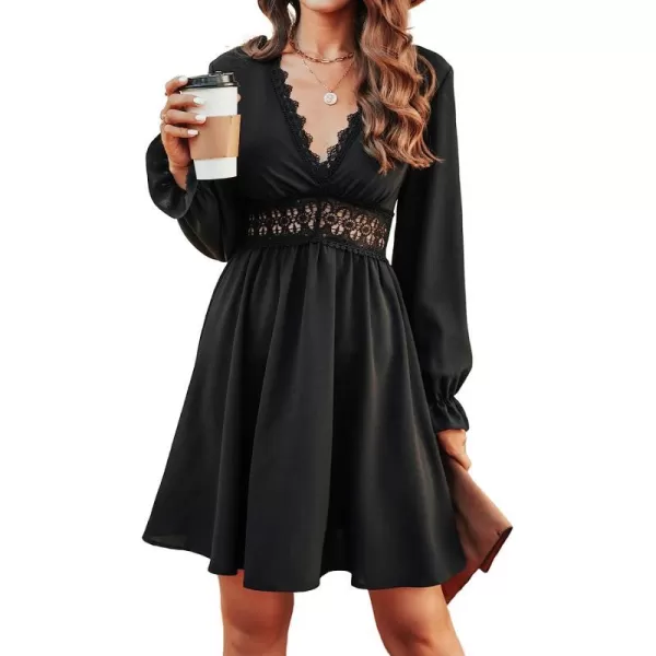 imageCUPSHE Mini Dresses for Women Aline Long Sleeves Fall Lace Trim Flowy DressBlack