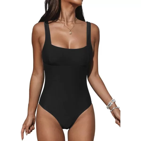 imageCUPSHE One Piece Swimsuit for Women Bathing Suit Adjustable Wide Straps Vintage Square NeckBlack