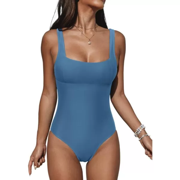 imageCUPSHE One Piece Swimsuit for Women Bathing Suit Adjustable Wide Straps Vintage Square NeckSteel Blue