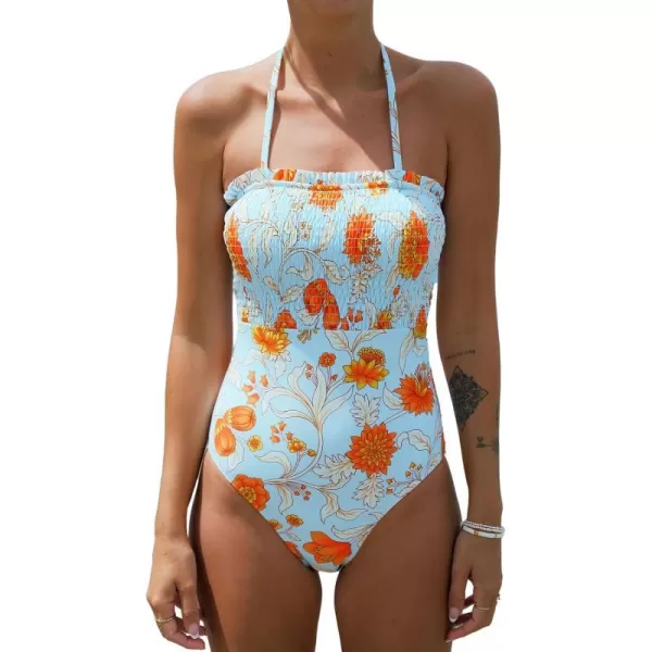 imageCUPSHE One Piece Swimsuit for Women Bathing Suit Floral Backless Halter Removable Spaghetti StrapsOrange Floral