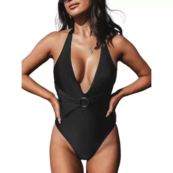 imageCUPSHE One Piece Swimsuit for Women Bathing Suit Halter Deep V Neck Ruched O Ring High CutBlack