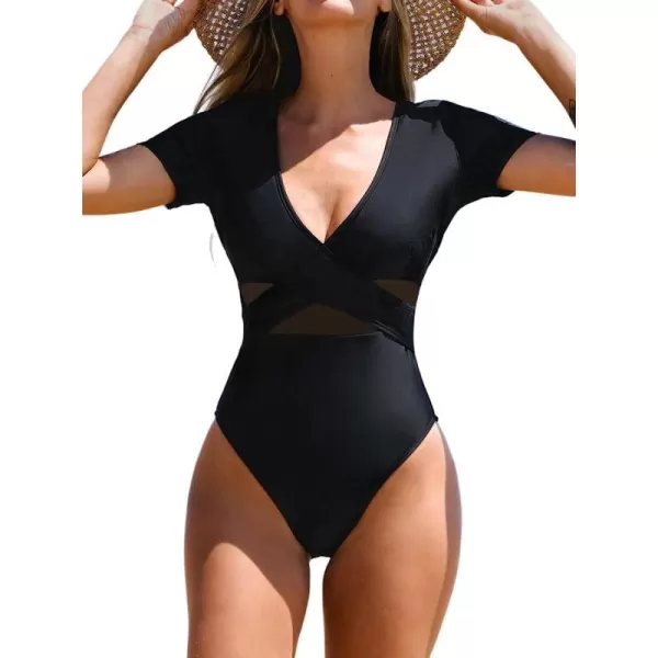 imageCUPSHE One Piece Swimsuit for Women Bathing Suit Mesh V Neck Front Cross Wrapped High CutBlack