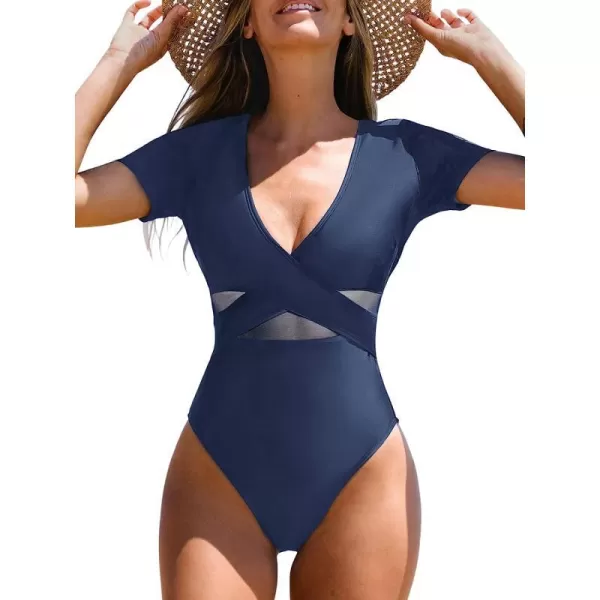 imageCUPSHE One Piece Swimsuit for Women Bathing Suit Mesh V Neck Front Cross Wrapped High CutNavy