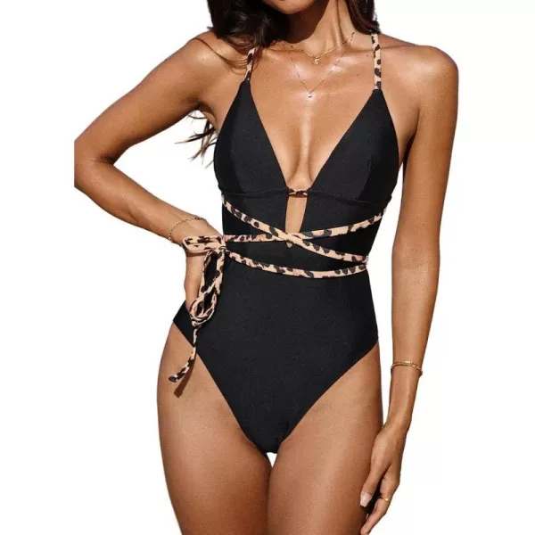 imageCUPSHE One Piece Swimsuit for Women Bathing Suit Plunge V Neck Leopard Strappy Crisscross Self TieBlack