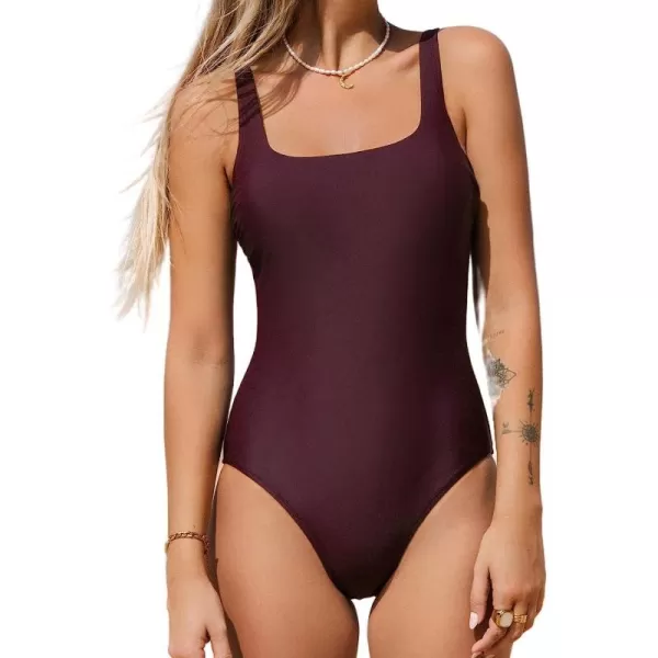imageCUPSHE One Piece Swimsuit for Women Bathing Suit Retro Square Neck Adjustable Strap Full CoverageAubergine