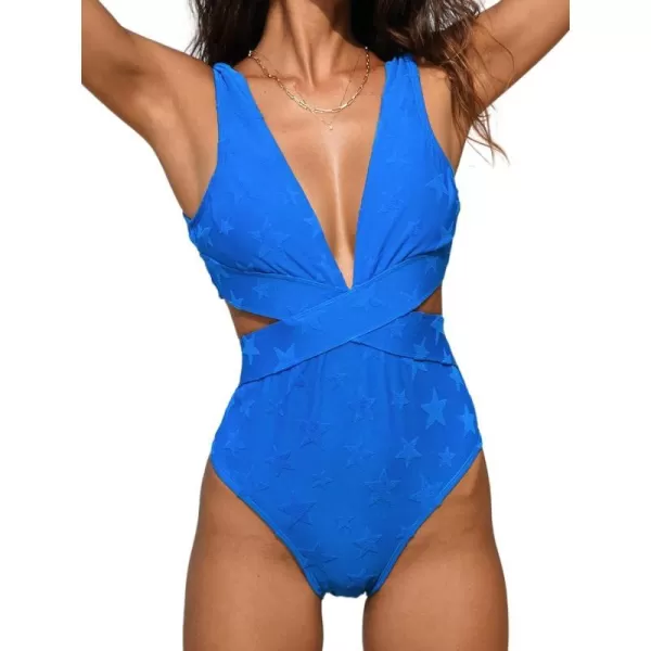 imageCUPSHE One Piece Swimsuit for Women Bathing Suit V Neck Cutout Sexy Swimwear Wide Straps Back Hook Shiny TextureRoyal Blue Star