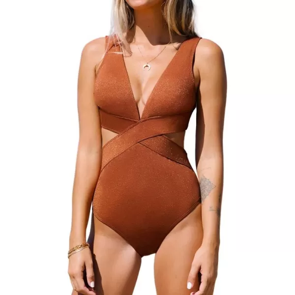 imageCUPSHE One Piece Swimsuit for Women Bathing Suit V Neck Cutout Sexy Swimwear Wide Straps Back Hook Shiny TextureSaddle Brown