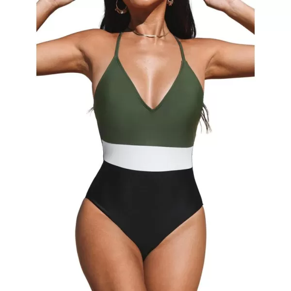 imageCUPSHE One Piece Swimsuit for Women Bathing Suits Deep V Neck Crisscross Back Color BlockArmy Green